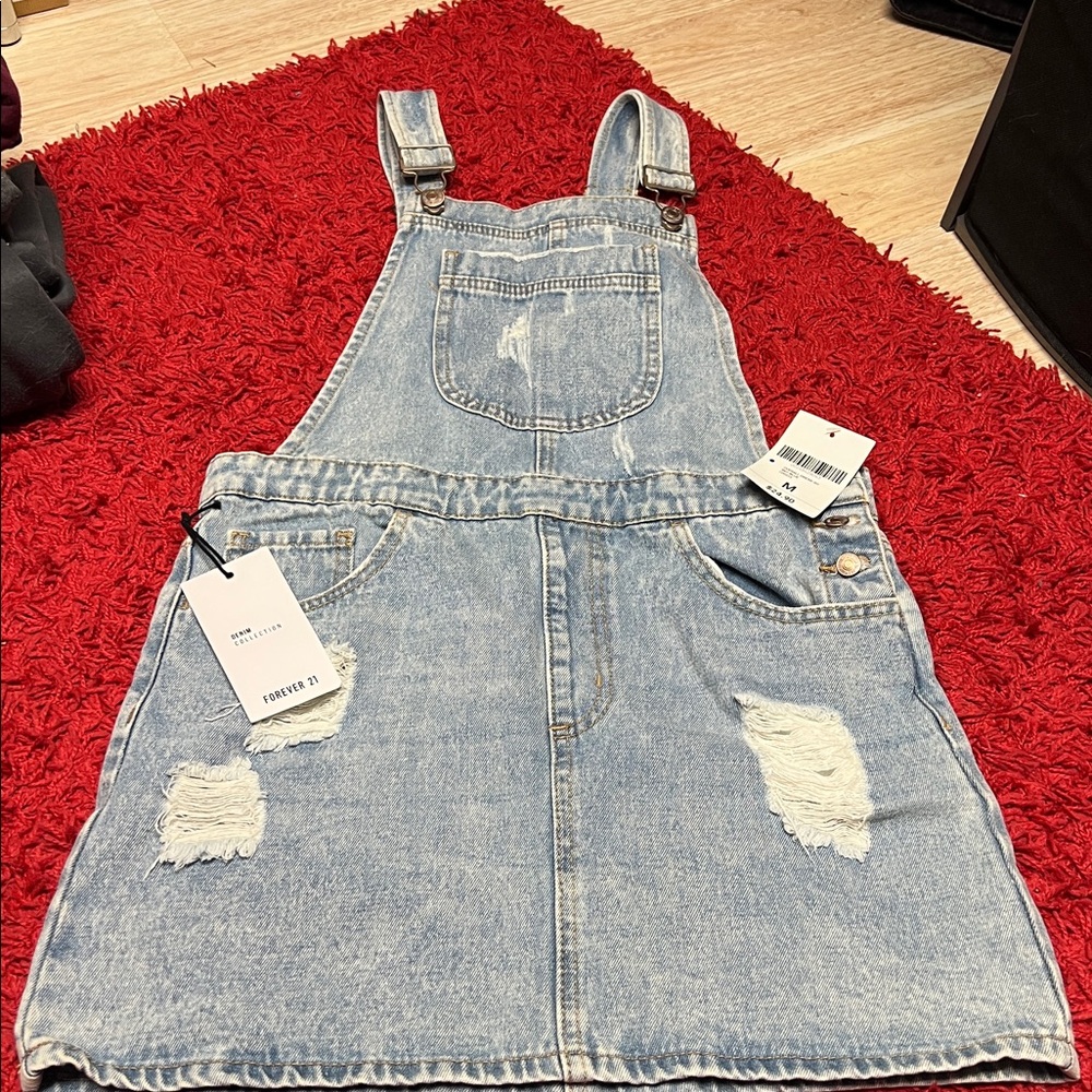 F21 distressed denim overall dress